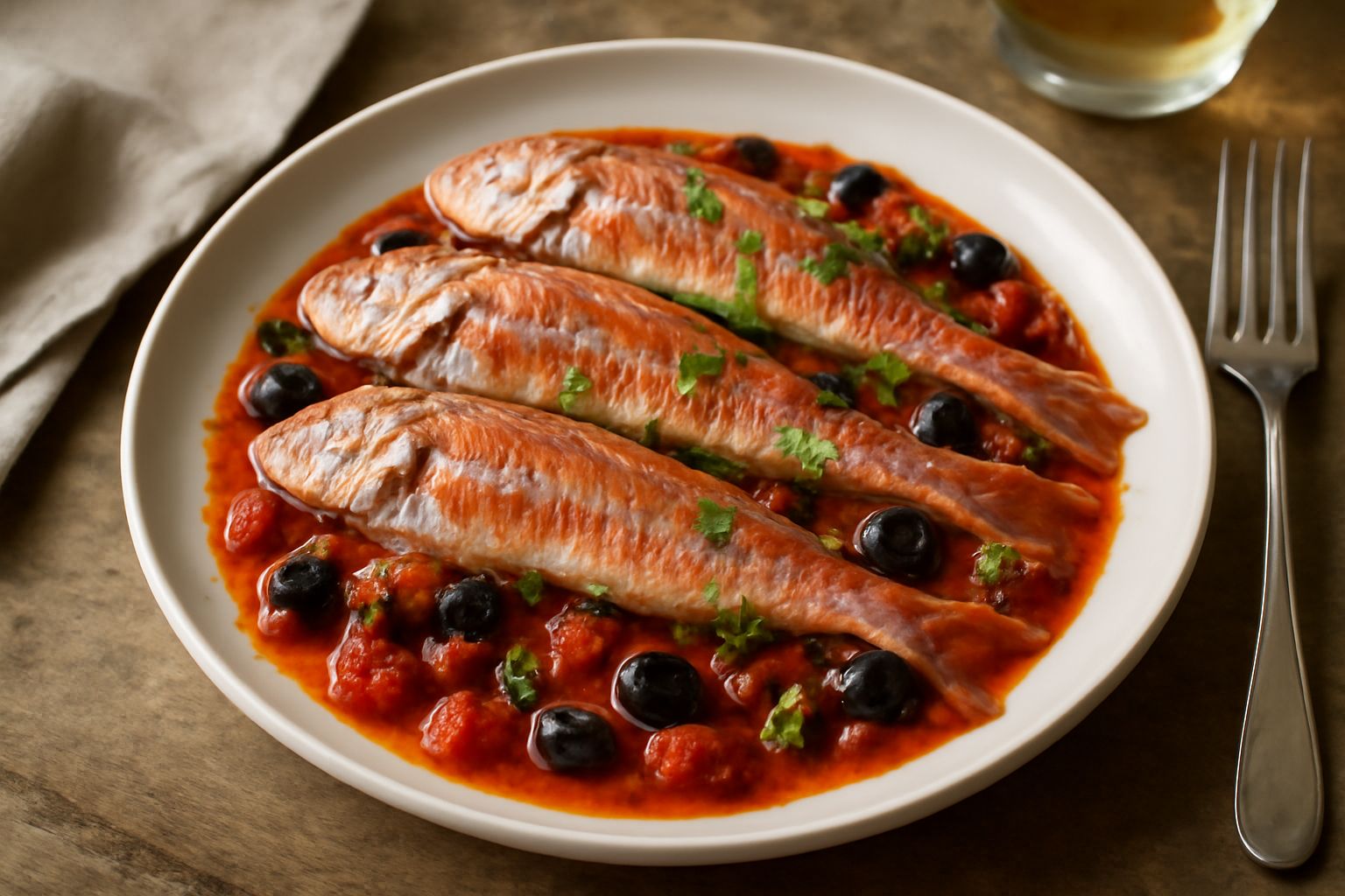 Due triglie dorate intere in padella con salsa di pomodori, olive nere e capperi verdi, pepe nero in superficie, prezzemolo fresco tritato sulla parte superiore