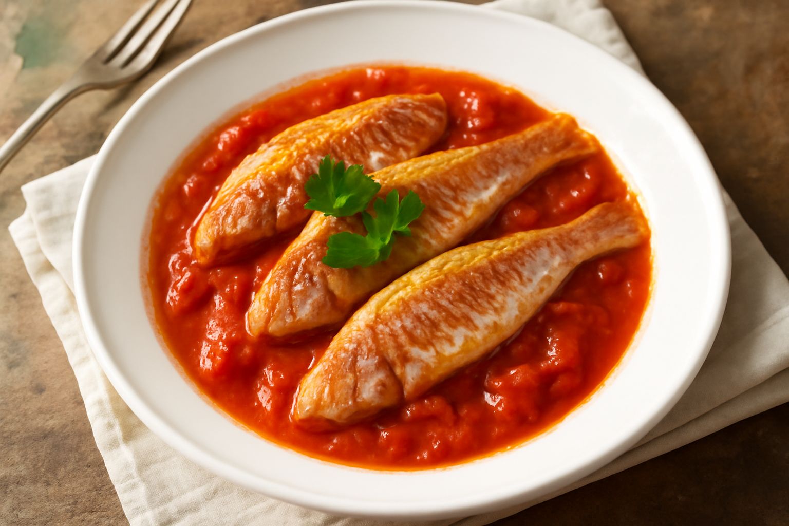 Due triglie intere dorate con pelle rosata, adagiate in una salsa di pomodoro rosso vivo, guarnite con prezzemolo fresco e olio d'oliva, servite in un piatto bianco fondo.