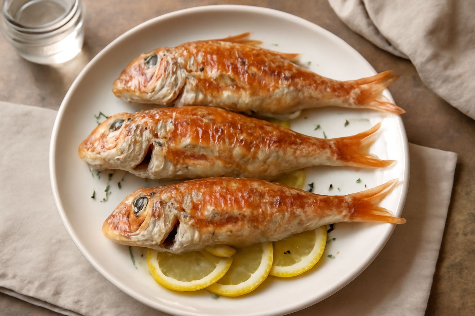 Triglie dorate e intere, appena cotte al forno, cosparse di prezzemolo fresco e limone tagliato a fette, presentate in un piatto bianco con contorno di verdure grigliate