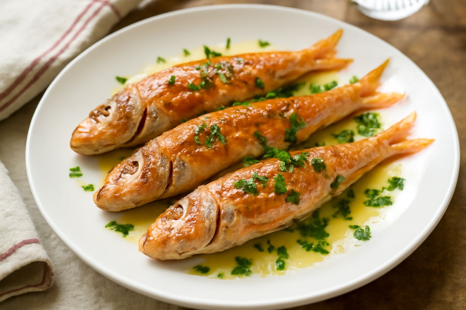 Triglie di scoglio intere dorate al forno in piatto bianco, condite con olio d'oliva, limone fresco e prezzemolo, circondate da fette di limone giallo e erbe aromatiche verdi