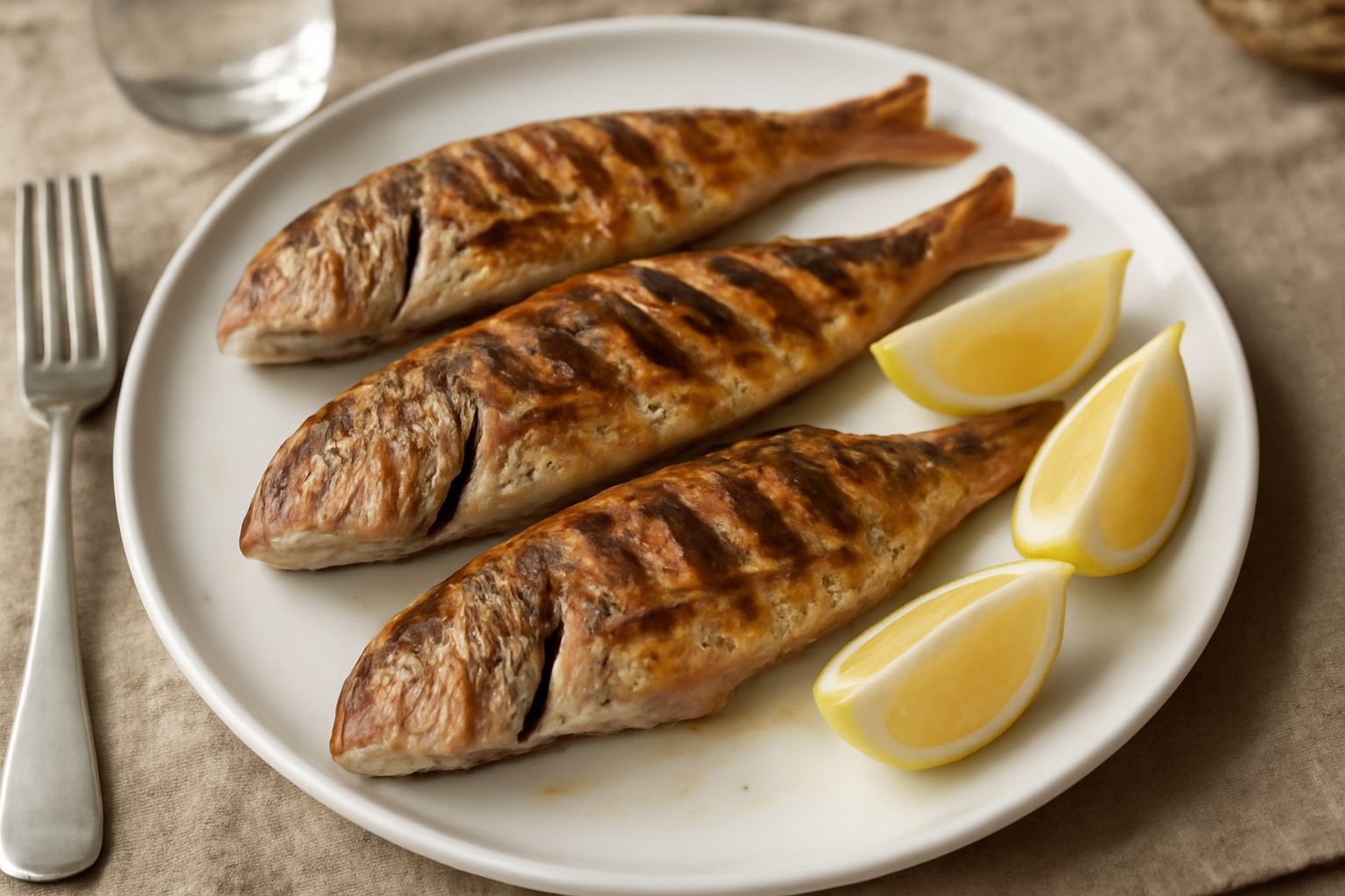 Triglie intere grigliate, dorate e croccanti sulla pelle, appoggiate su un piatto bianco con spicchi di limone e prezzemolo fresco, segni di griglia visibili sul pesce
