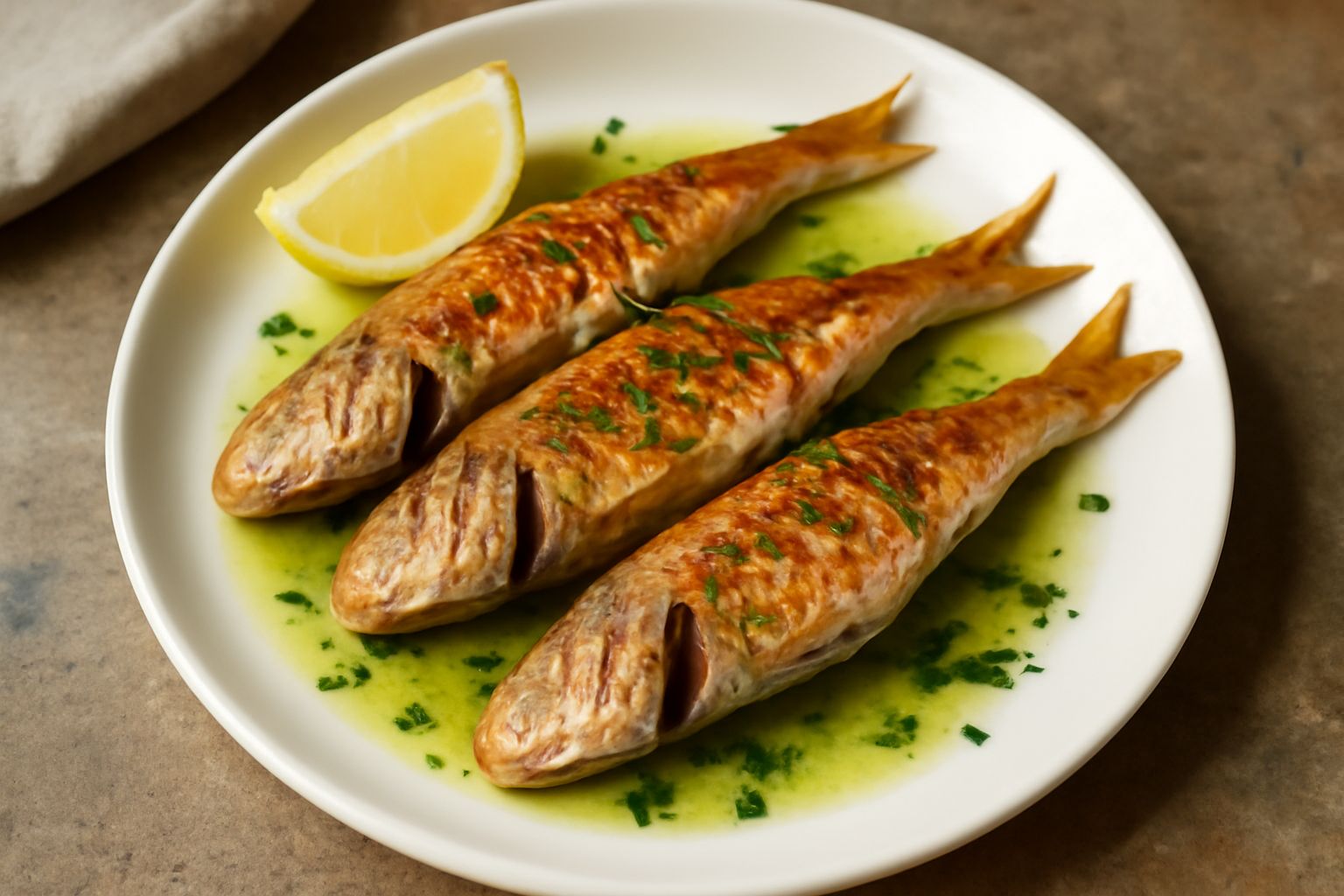 Tre triglie intere arrostite dorate e croccanti disposte nel piatto bianco, con pelle arrossata, contornate da limone tagliato a spicchi e prezzemolo fresco tritato, olio che brilla sulla superficie