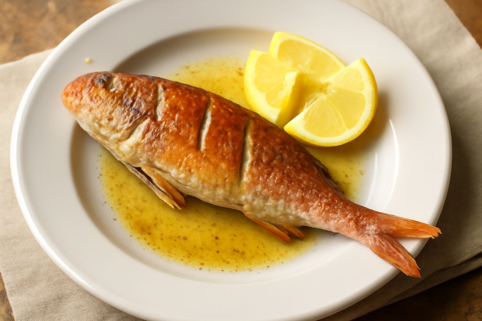 Tre triglie dorate e croccanti in padella nera, con limone fresco tagliato a spicchi, prezzemolo tritato e gocce d'olio lucido sulla superficie del pesce