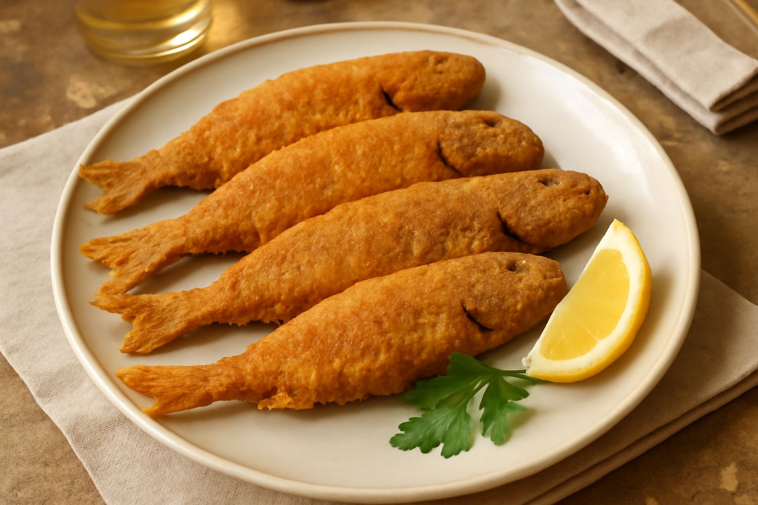 Tre triglie intere fritte dorate e croccanti disposte su carta assorbente bianca, con limone affettato, prezzemolo fresco e sale in grana grossa visibile sulla superficie