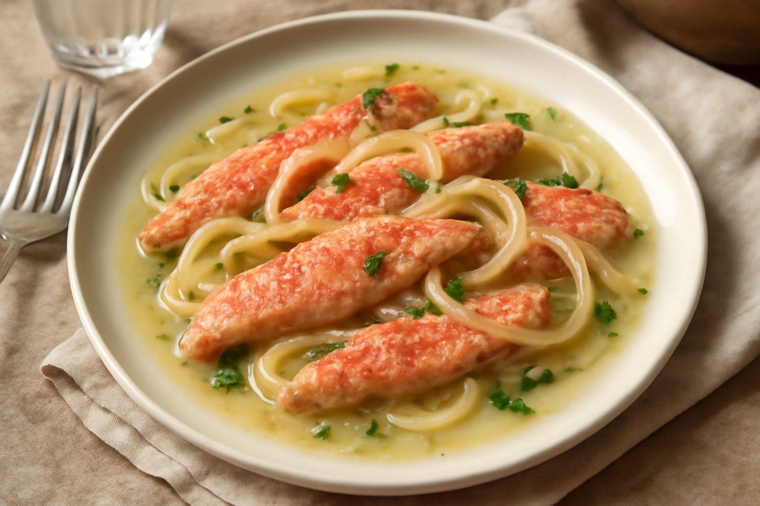 Triglie dorate in un piatto bianco con cipolla affettata, aceto e verdure sottaceto, guarnite con prezzemolo fresco e limone, su un fondo di legno chiaro