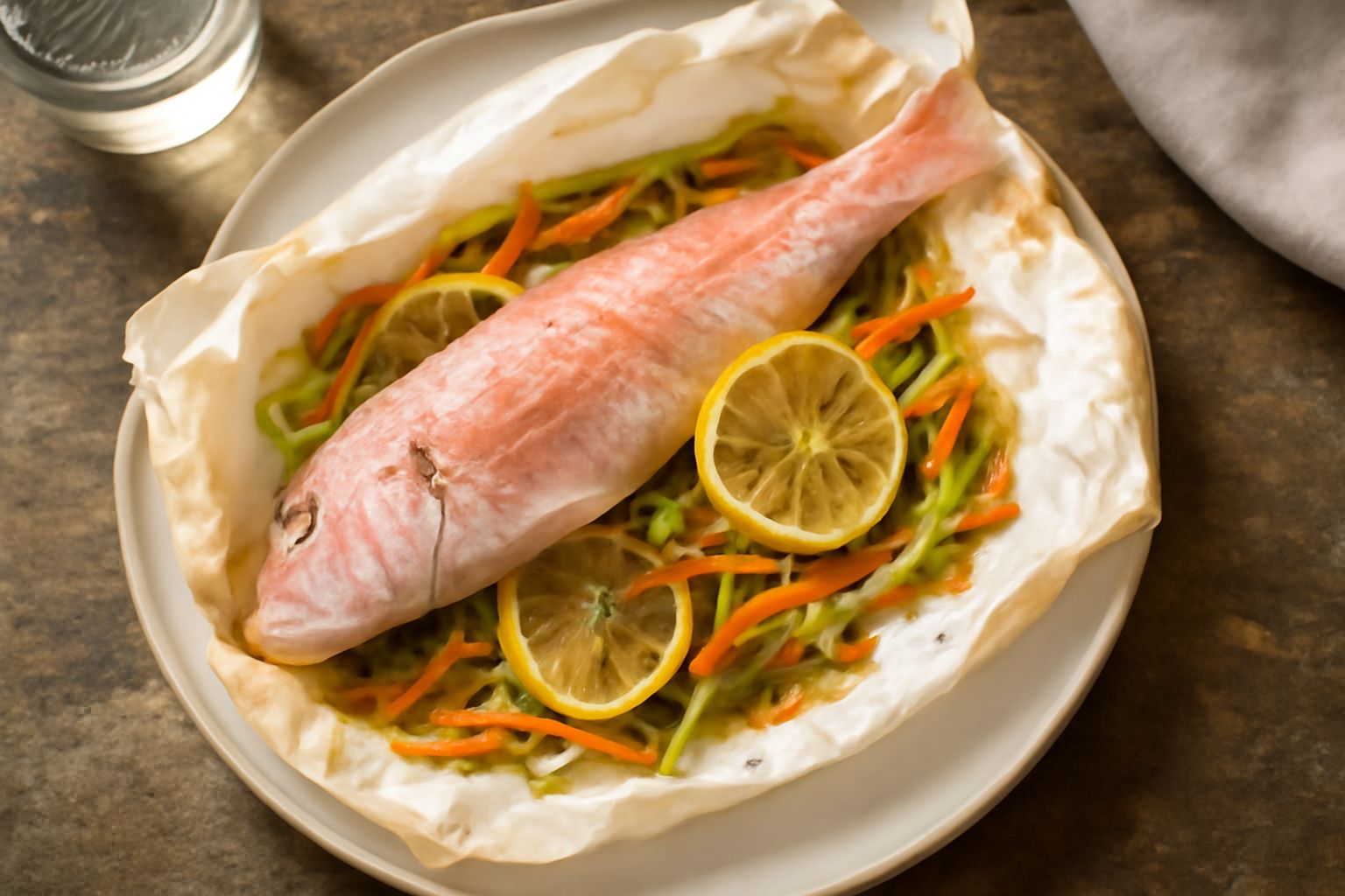 Triglie intere avvolte in carta bianca da forno, aperte nel piatto, con limone affettato, prezzemolo fresco e verdure grigliate accanto, carne rosa pallido appena cotta