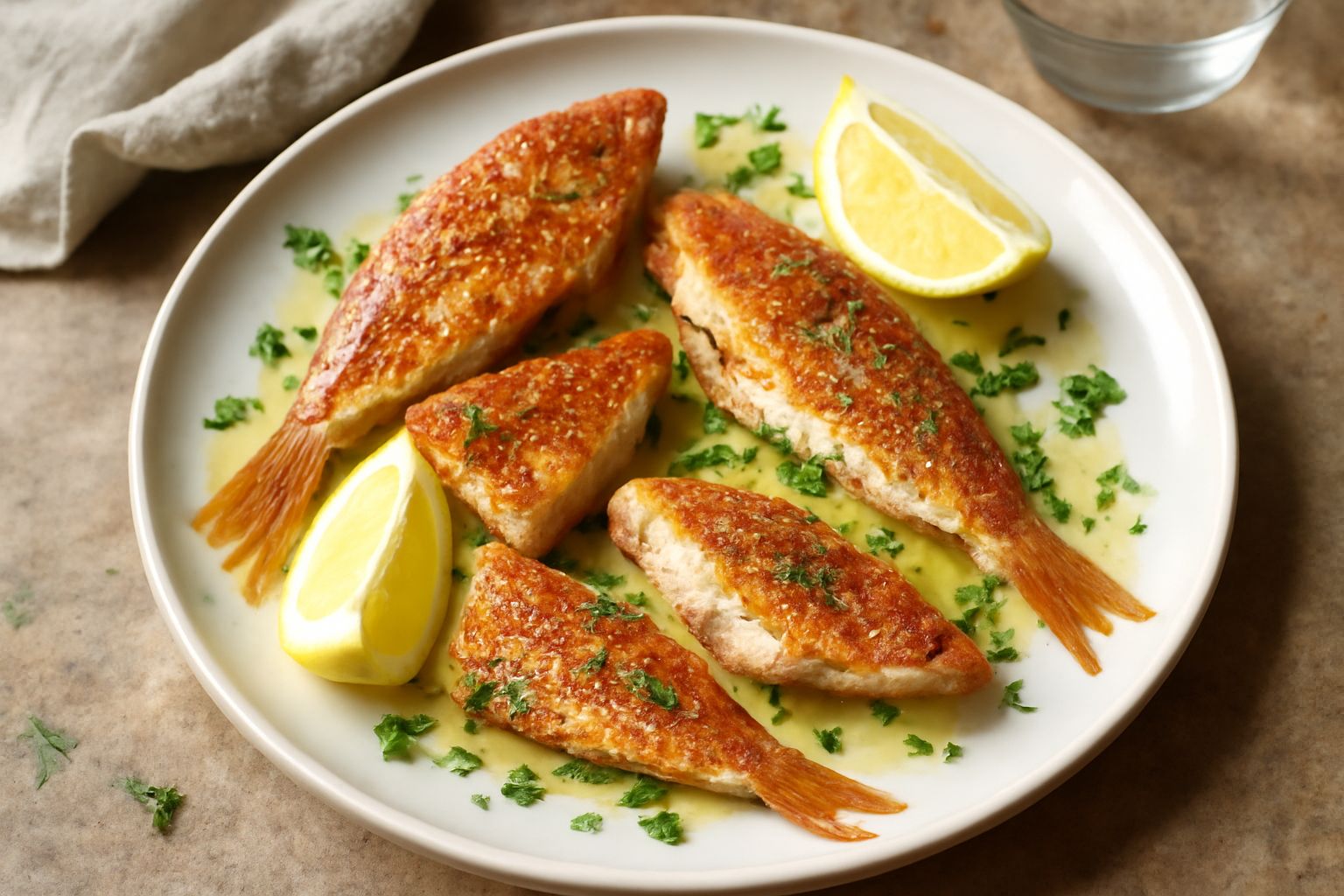 Triglie dorate in padella antiaderente, con contorno di limone fresco affettato e prezzemolo tritato, olio d'oliva che brilla sulla carne bianca del pesce
