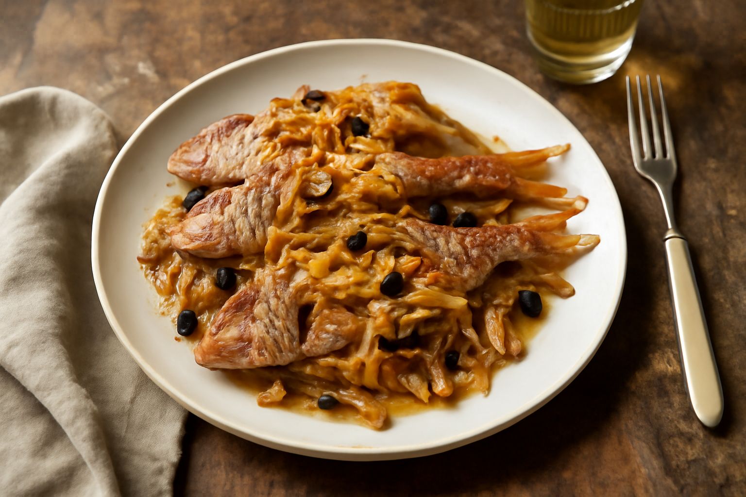 Piatto di triglie dorate fritte coperte di cipolla bianca caramellata e aceto, con basilico fresco, su fondo bianco
