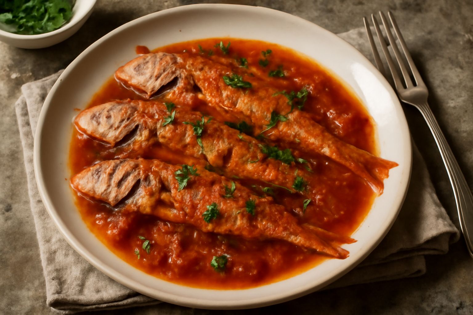 Triglie intere in umido con pomodori freschi e prezzemolo in una pentola di terracotta, salsa rossa con aglio e olio d'oliva visibili