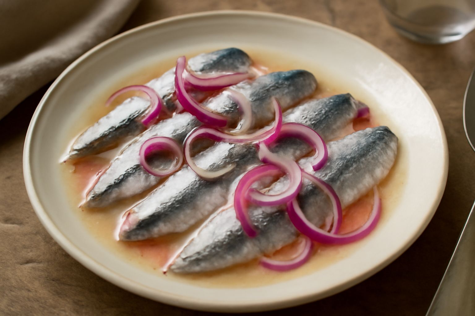 Triglie argentee marinate in un piatto bianco con cipolle rosse affettate, basilico fresco e aceto balsamico visibile, olio che brilla sulla superficie, servite a temperatura ambiente