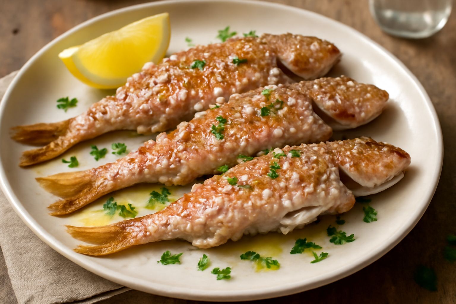 Due triglie intere dorate e croccanti in padella, con grani di sale marino visibili sulla pelle, contorno di limone fresco e prezzemolo sminuzzato, vapore che sale dal pesce appena cotto