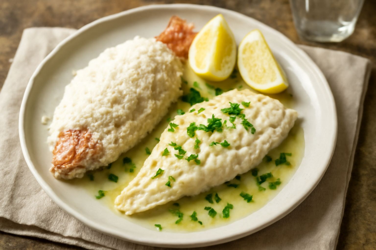 Triglie intere ricoperte di sale bianco grosso, appena sfornate, disposte su un piatto bianco con limone tagliato a spicchi e prezzemolo fresco accanto