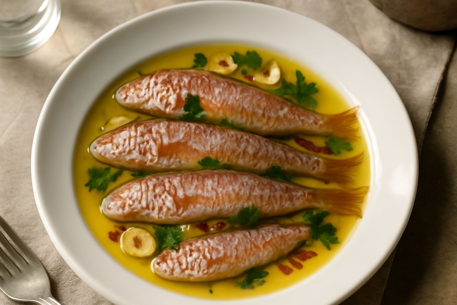 Triglie intere dorate sott'olio in vasetto di vetro trasparente, circondate da fettine sottili di aglio, peperoncino rosso e rametti di prezzemolo, olio giallo dorato che ricopre il pesce