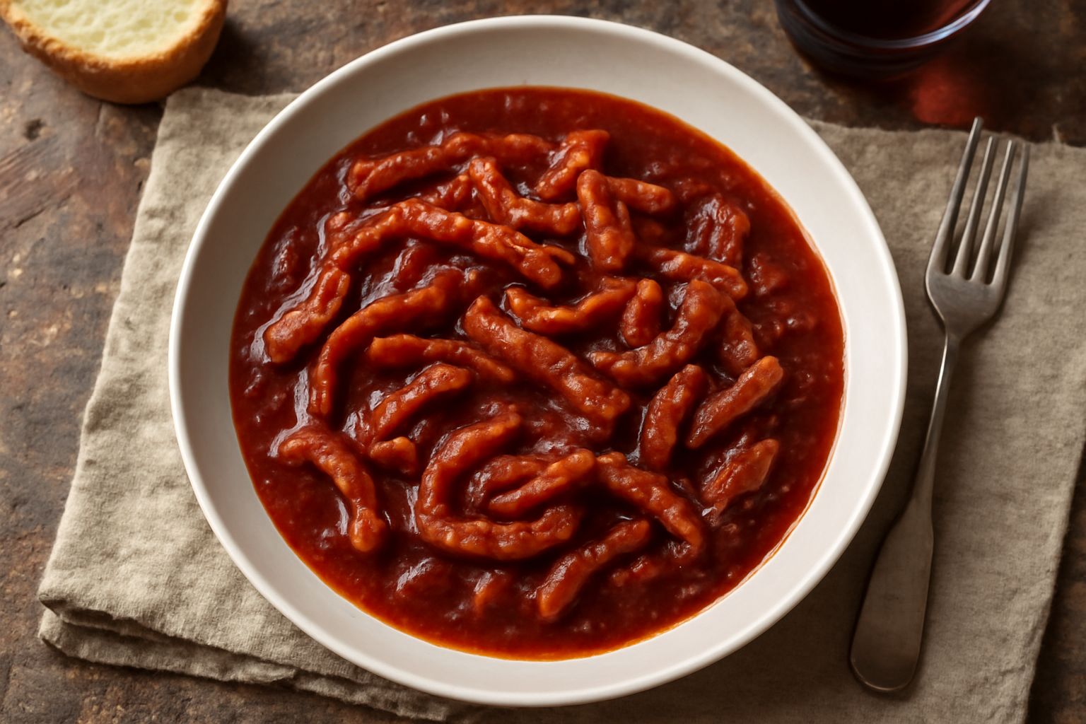 Trippa di bovino cotta e ridotta a strisce fini in un piatto di ceramica bianca, ricoperta di sugo di pomodoro rosso intenso con olio d'oliva lucido, accompagnata da pane tostato sui bordi