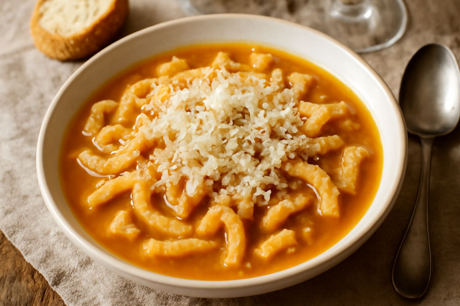 Ciotola di trippa alla milanese con pezzi bianchi e morbidi di trippa immersi in brodo denso color oro, spolverati di grana padano grattugiato, con ciotola in ceramica bianca su tavolo di legno