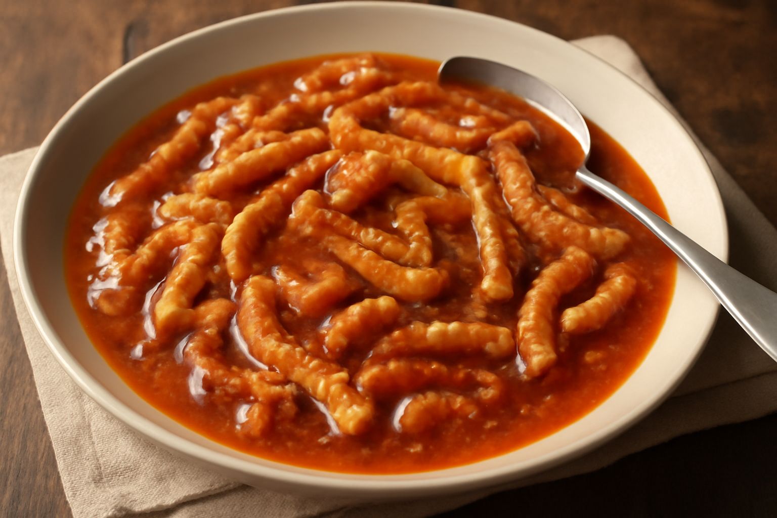 Trippa cotta in umido di colore marrone scuro, tenera e immersa in un sugo rosso di pomodoro, servita in un piatto fondo bianco con pezzetti di cipolla caramellata e prezzemolo fresco