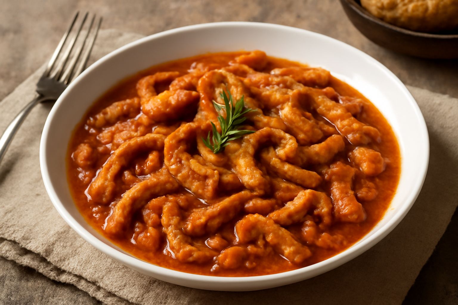 Trippa in umido di colore marroncino-rosso, tagli regolari di stomaco bovino immerse in sugo di pomodoro, guarnita con prezzemolo fresco, servita in ciotola di ceramica bianca su tavolo di legno