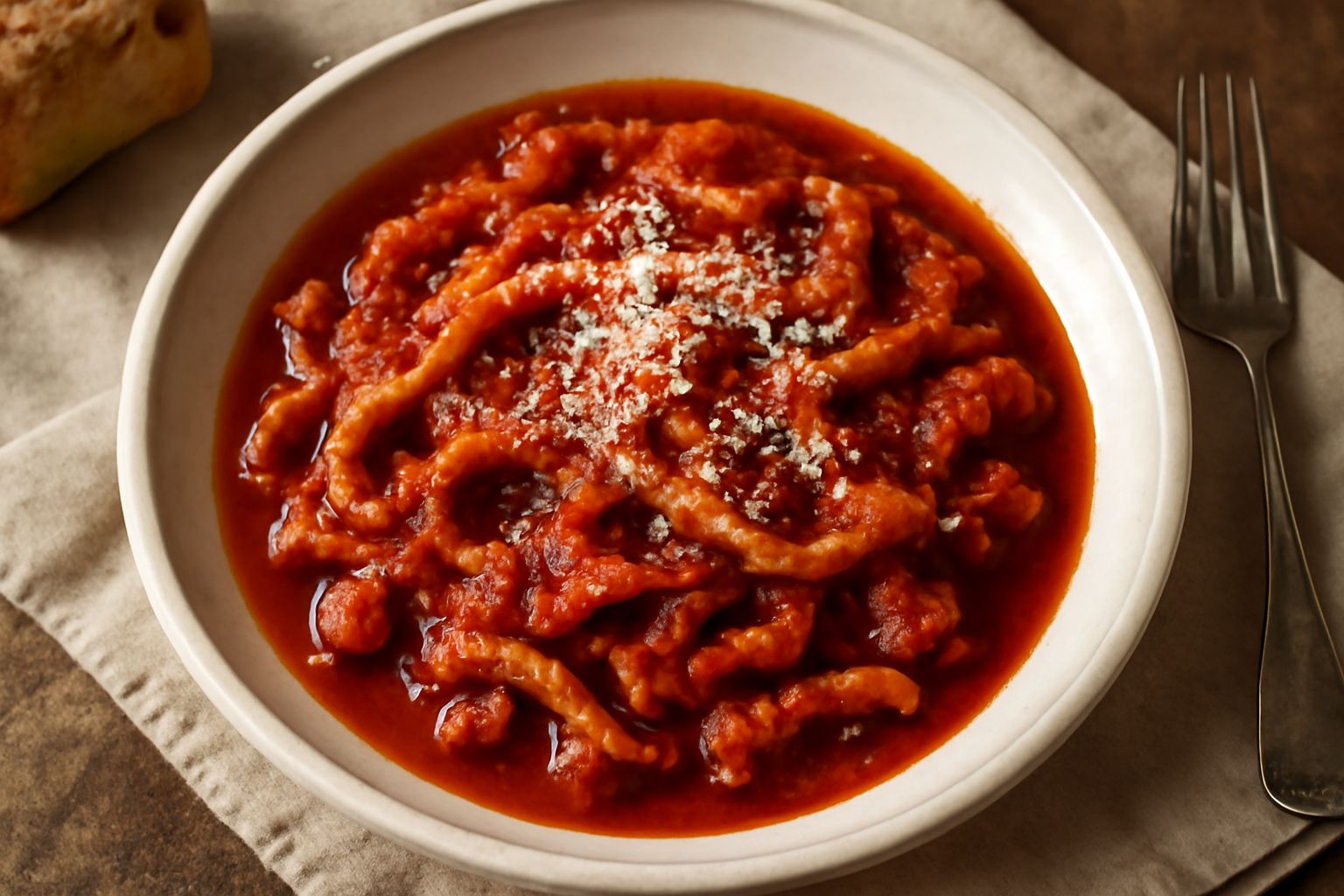 Trippa cotta in umido di colore rosso scuro servita in ciotola bianca, con sugo denso ai pomodori, peperoncino rosso acceso e formaggio grattugiato in superficie, contorno di pane toscano