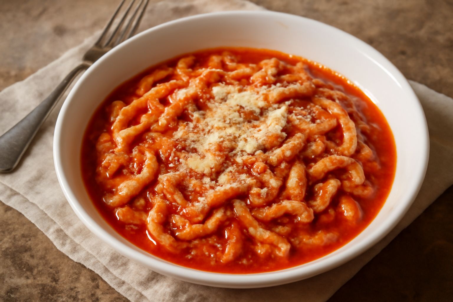 Trippa alla bergamasca in un piatto fondo bianco, trippa rossa e bianca in umido con salsa di pomodoro, cospargimento di parmigiano grattugiato giallo, contorno di patate bianche
