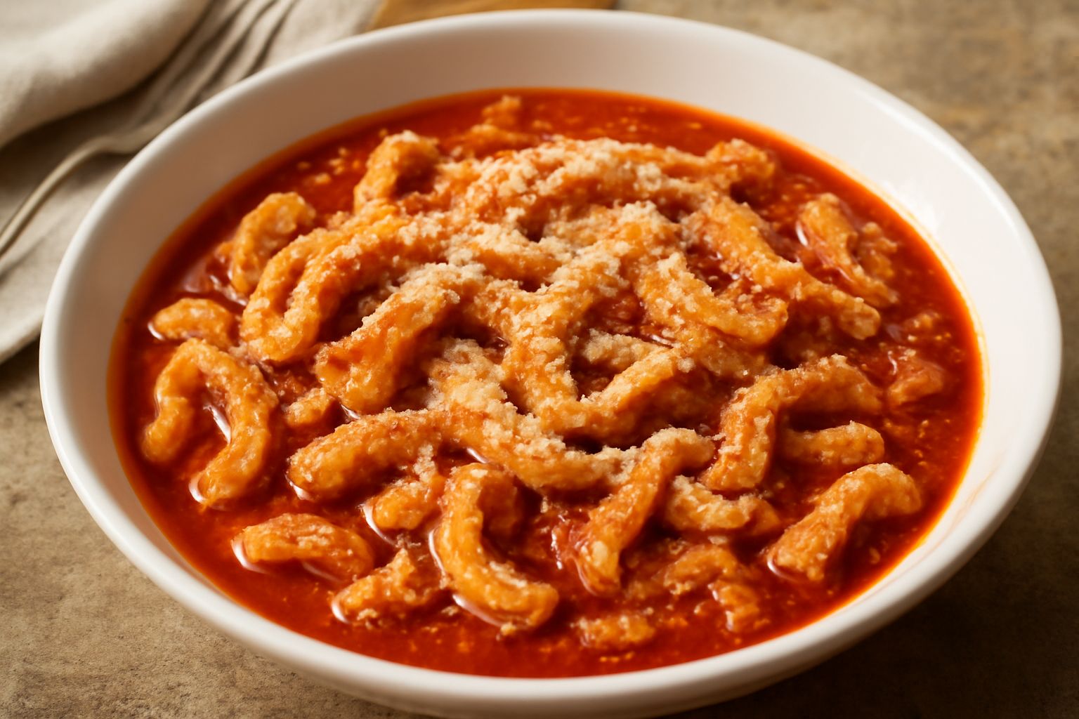 Trippa alla bolognese servita in piatto bianco fondo, ragù rosso scuro e denso, pezzi di trippa biancastri e morbidi, cosparsa di parmigiano grattugiato bianco, contorno di pane tostato marrone chiaro