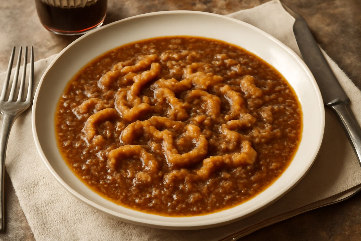 Trippa alla bresciana in piatto bianco fondo, pezzi di trippa teneri e rosati nel brodo denso, guarnito con prezzemolo fresco verde, servito con cucchiaio in acciaio