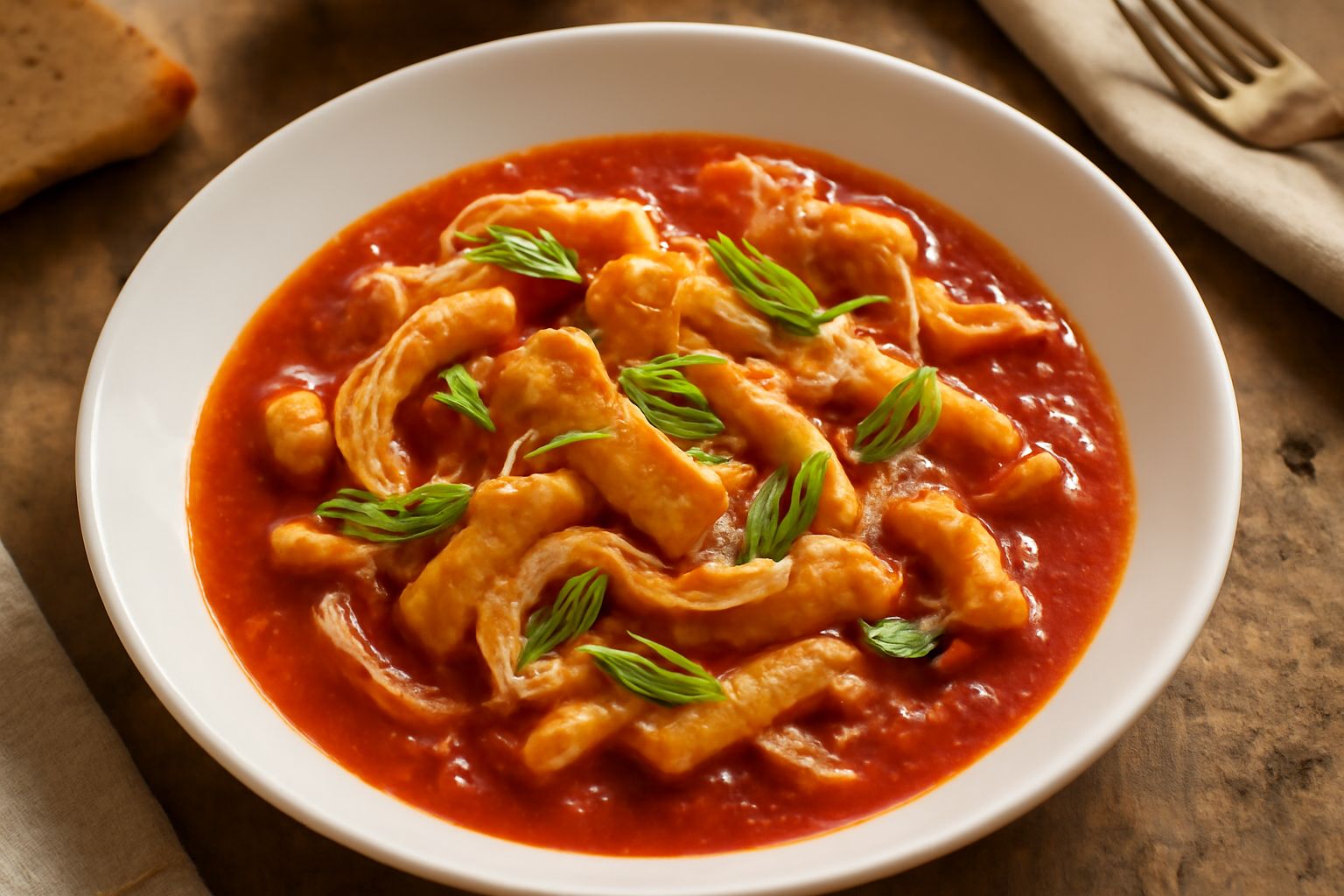 Trippa alla brindisina servita in un piatto fondo bianco: pezzi di trippa gialli e morbidi immersi in sugo rosso di pomodoro, con basilico fresco e cipolla dorata visibile, contorno di pane tostato su
