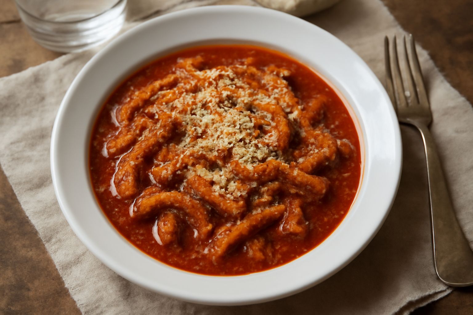 Trippa alla cagliaritana in piatto fondo bianco: strisce di trippa rosso-brunastre in salsa di pomodoro densa, ricoperta di fili di pecorino giallo, contorno di pomodori freschi e cipolla rossa