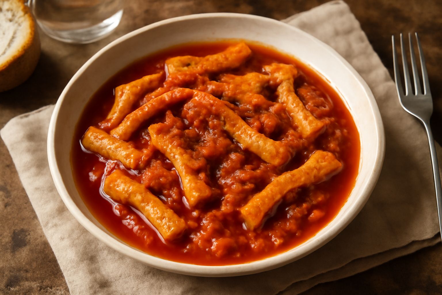 Trippa cotta in un piatto fondo di ceramica bianca, bocconi morbidi di stomaco bovino in salsa rossa di pomodoro, cipolla visibile, caldo, fumante, pronto da mangiare