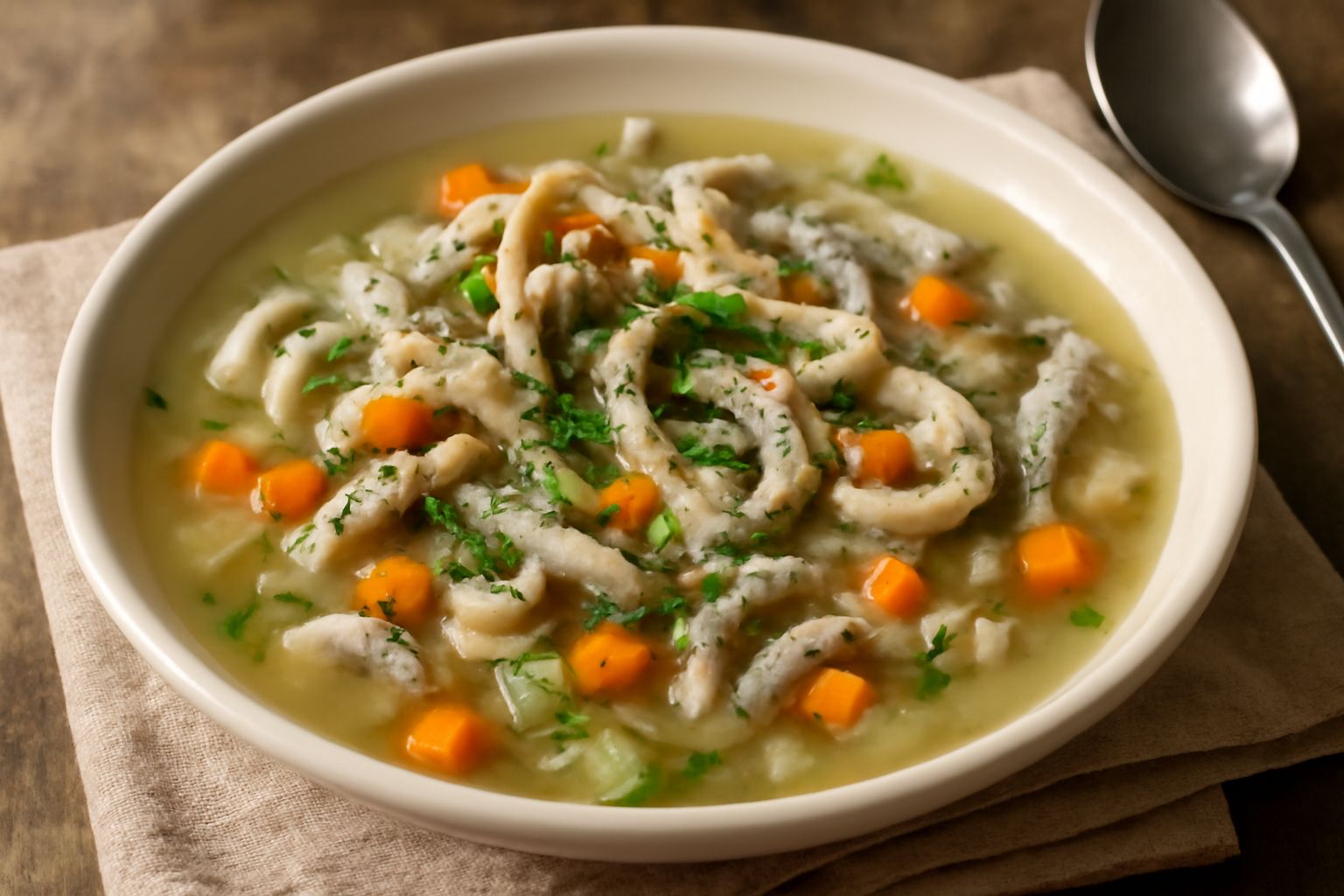 Trippa alla comasca in una ciotola di ceramica bianca: strisce di trippa bianca e grigia immerse in brodo chiaro con carote tagliate a dadini, sedano e prezzemolo verde in superficie, servita con cucc