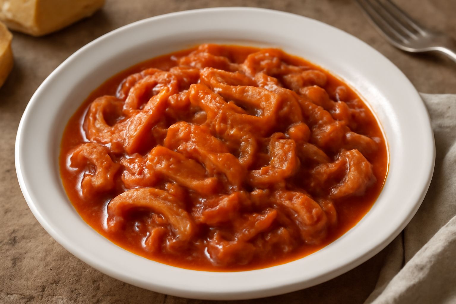 Piatto bianco con trippa in umido rosso-aranciato, pezzi morbidi e filamenti visibili, con pomodori e cipolla caramellata, guarnito di prezzemolo fresco tritato