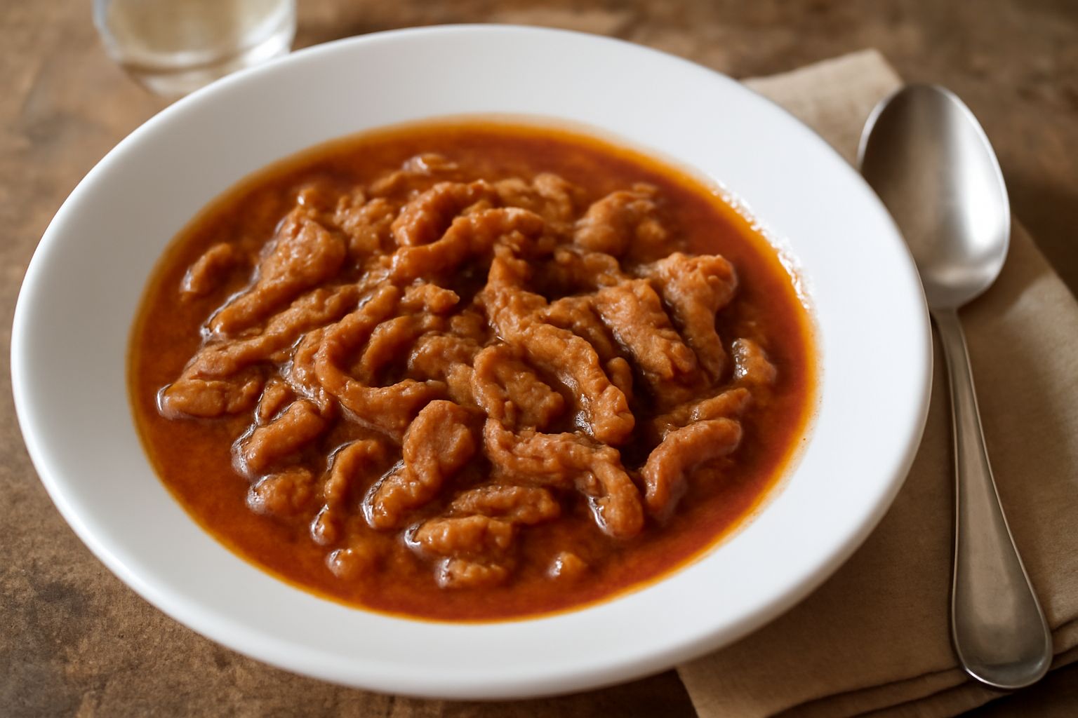 Trippa alla fermana in umido, con salsa di pomodoro rosso scuro, servita in piatto fondo bianco, piccoli pezzi di trippa visibilmente morbidi e gelatinosi, cipolla caramellata, brodo denso leggermente