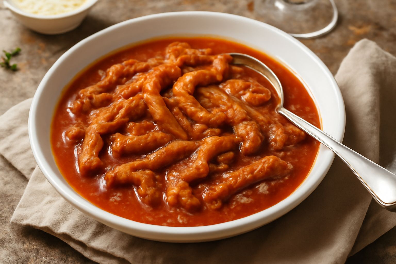 Trippa in sugo pomodoro rosso scuro, tagliata a striscie, presentata in una ciotola bianca profonda con cipolla e aromi visibili nel sugo denso