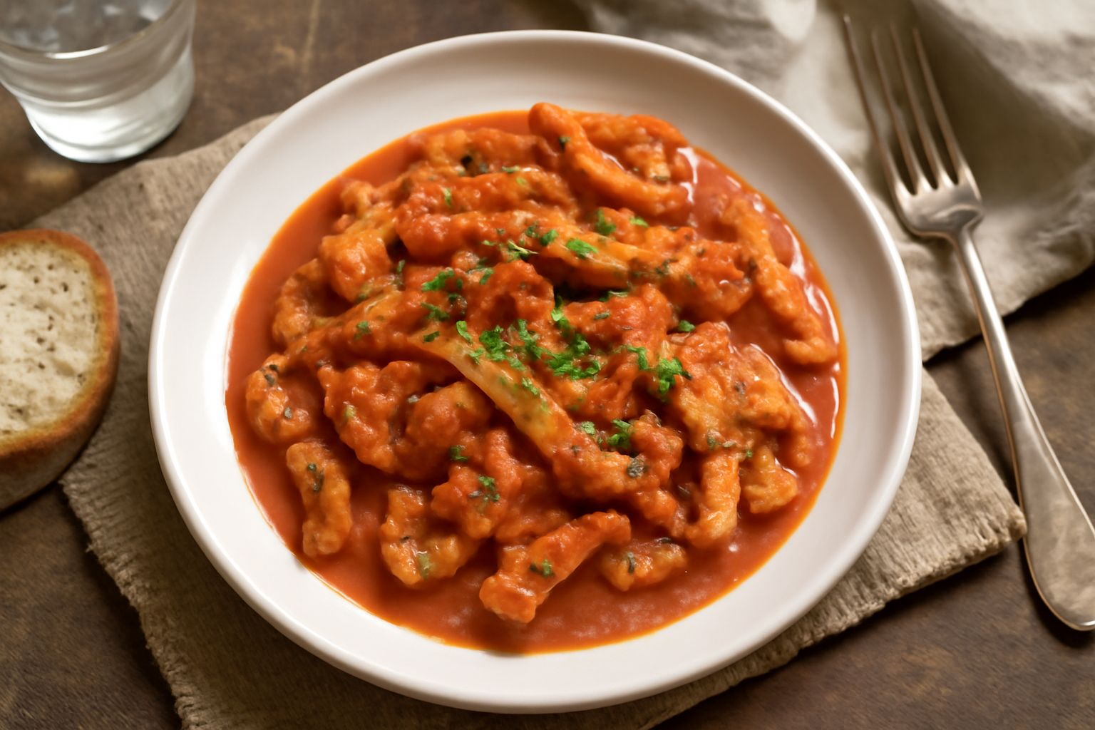 Trippa alla fiorentina in un piatto bianco profondo, ricoperta di salsa rossa ricca con carote e sedano visibili, con parmigiano grattugiato e prezzemolo fresco