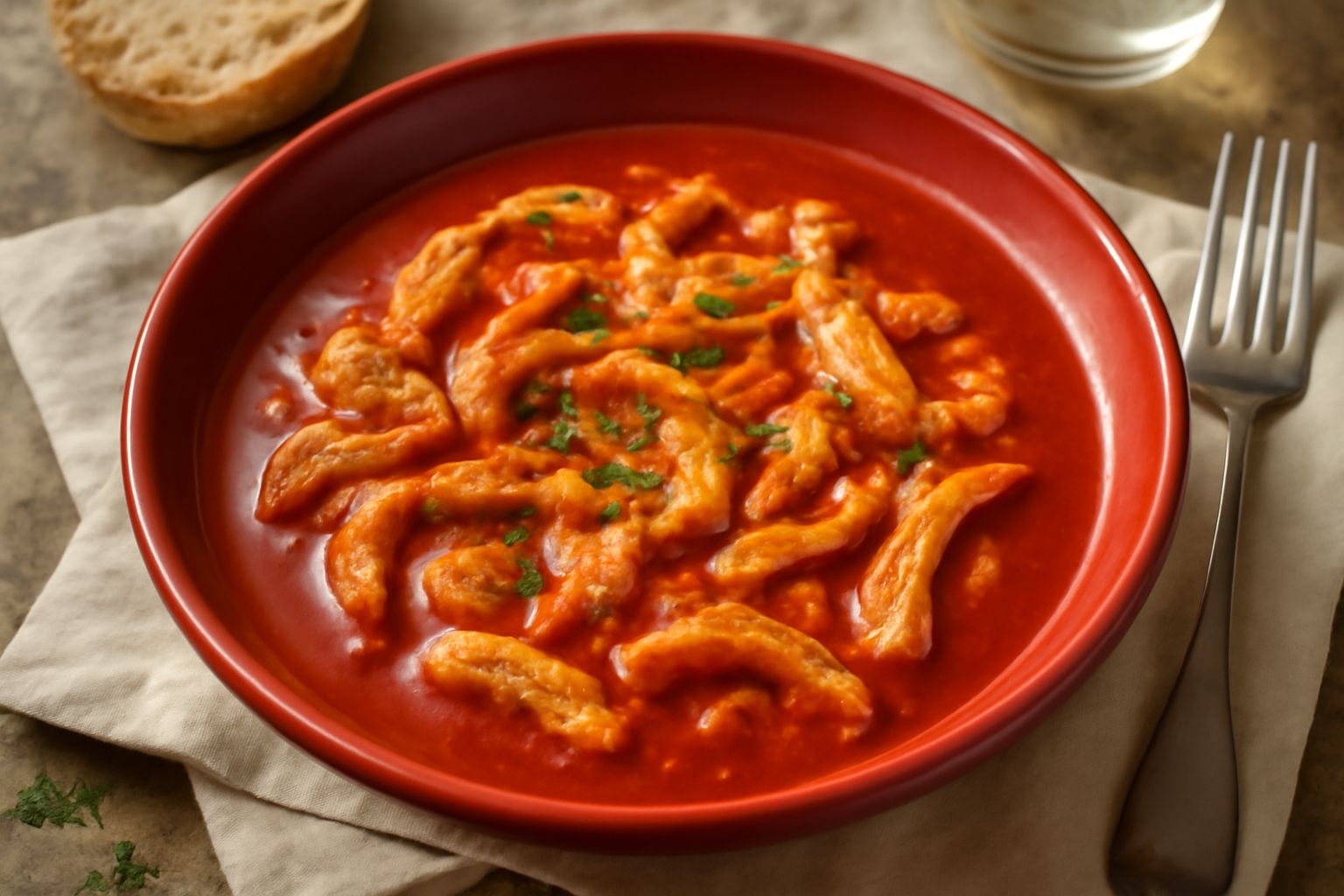 Trippa in umido di colore rosso intenso, con pomodori e spezie, servita in un piatto bianco fondo con contorno di pane raffermo sbriciolato