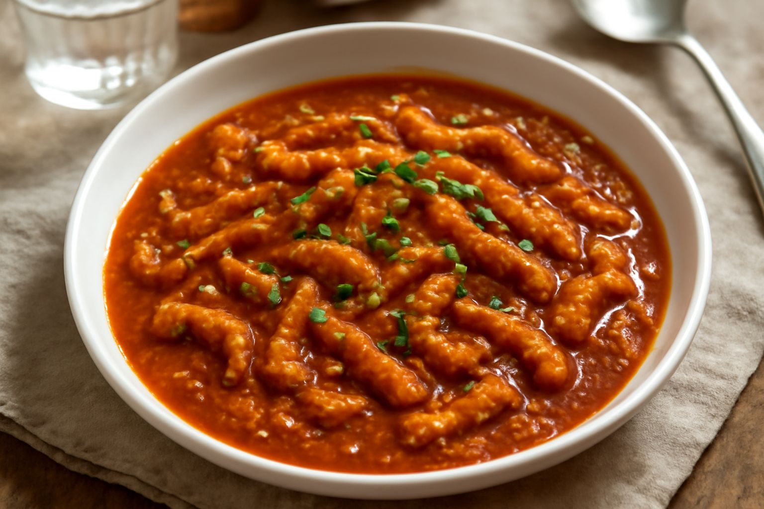Trippa cotta in umido di colore marrone scuro su un piatto bianco, ricoperta di sugo rosso intenso, spolverata di prezzemolo fresco, con contorno di pane tostato