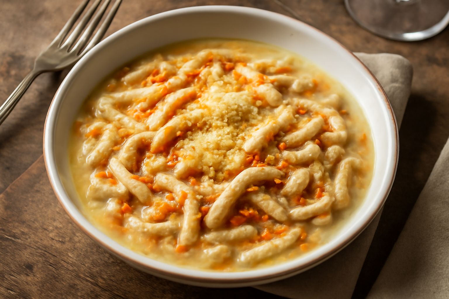 Ciotola di trippa alla forlivese in brodo cremoso, pezzetti di trippa color avorio immersi in brodaglia beige, cosparsa di parmigiano grattugiato bianco, con cipolla e carota visibili, contorno di pan