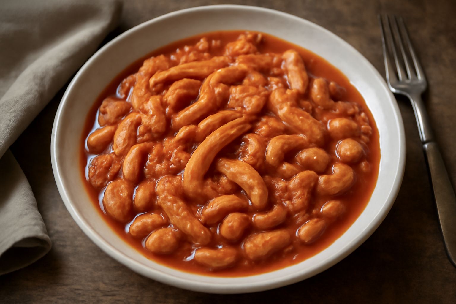 Trippa alla friulana servita in piatto fondo bianco, pezzi di stomaco bovino rosato in sugo di pomodoro denso, fagioli bianchi distribuiti uniformemente, cipolla soffritto visibile, profumo di prezzem