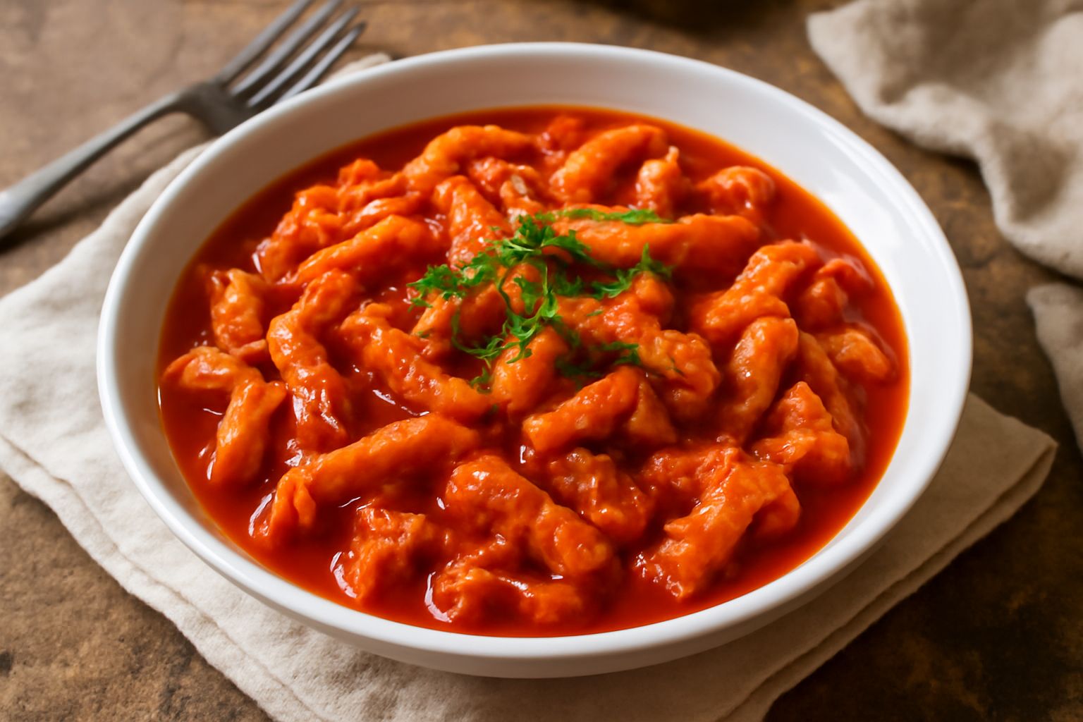 Trippa alla genovese servita in un piatto bianco fondo, con pezzi di trippa morbida immersi in un sugo rosso e denso di pomodoro, decorata con prezzemolo fresco tritato, accanto una fetta di pane tost