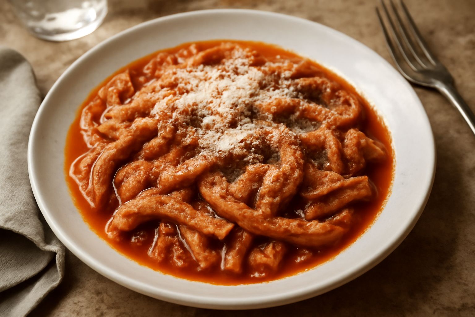 Trippa cotta in umido di colore rosso-marrone, morbida e tagliata a strisce, servita in un piatto bianco e coperta di pecorino grattugiato bianco, con contorno di salsa di pomodoro visibile intorno