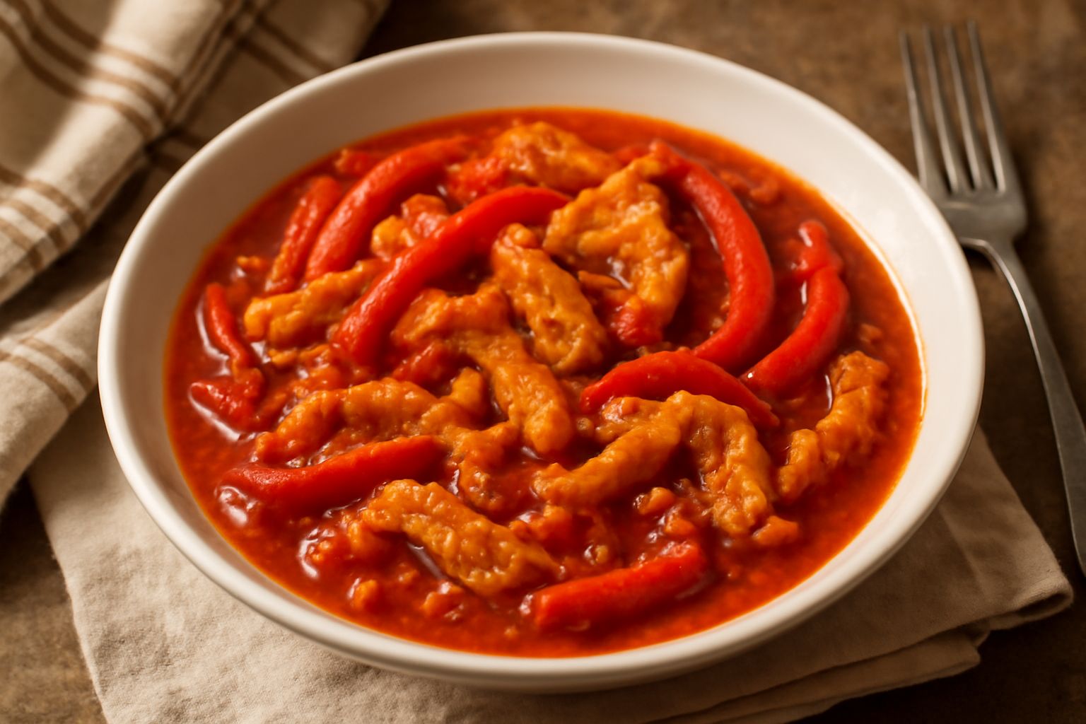 Piatto di ceramica bianca con trippa in umido rosso intenso, peperoni rossi tagliati a strisce, pomodori e cipolle dorate, servito con pane integrale sul bordo