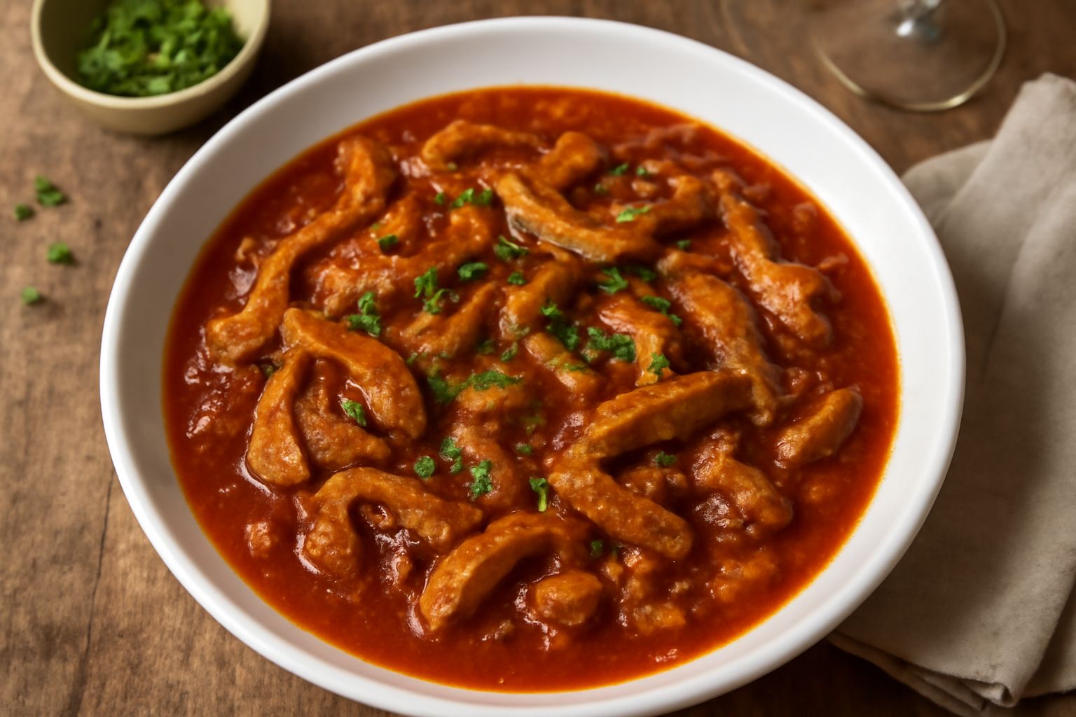 Trippa alla maceratese servita in piatto bianco profondo, pezzi di stomaco bovino morbido color marrone dorato immersi in sugo rosso pomodoro, guarnita con prezzemolo fresco verde, contorno di pane to