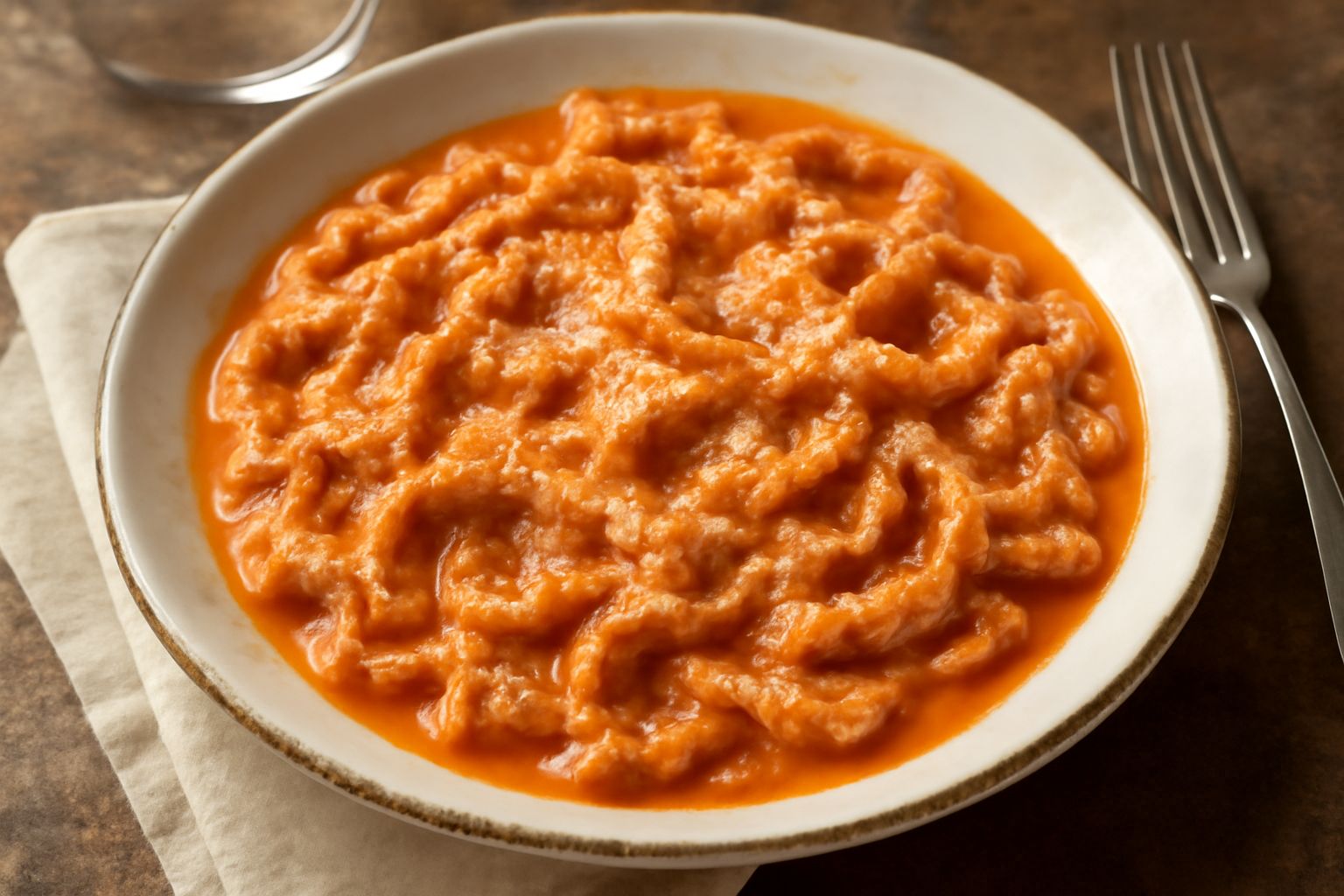 Trippa in umido di colore beige rosato, con sugo cremoso e particelle di formaggio bianche in superficie, servita in piatto fondo di ceramica bianca, con cucchiaio in acciaio a lato