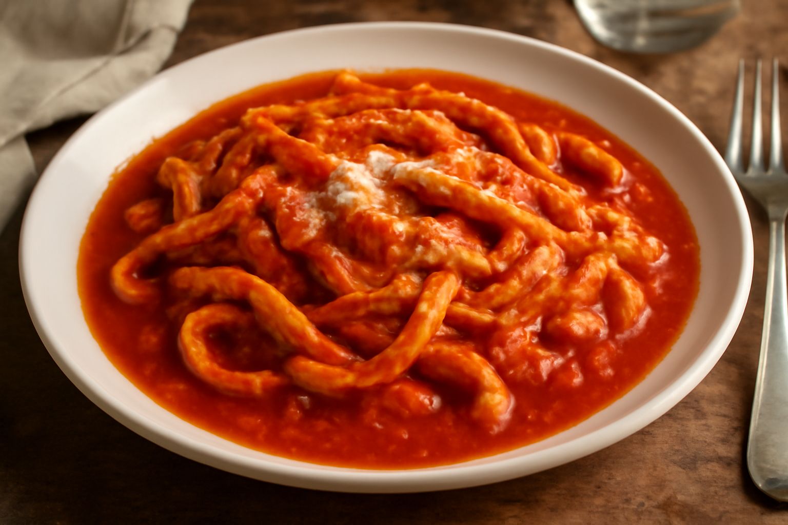 Trippa stufata nei toni del rosso e marrone, servita in piatto fondo bianco, con salsa di pomodoro densa, grattugiata di formaggio bianco e pepe nero visibile in superficie, accompagnata da pezzi di p