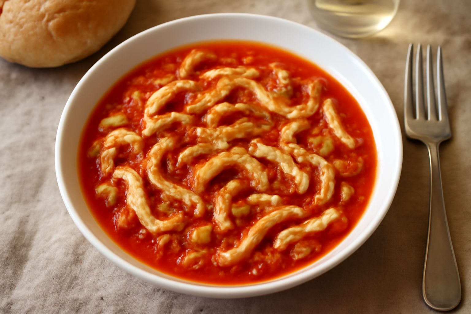 Trippa alla messinese in un piatto fondo bianco, con strisce di trippa bianca immerse in sugo rosso di pomodoro, cipolla e sedano visibile, bordo del piatto pulito, tavolo di legno scuro
