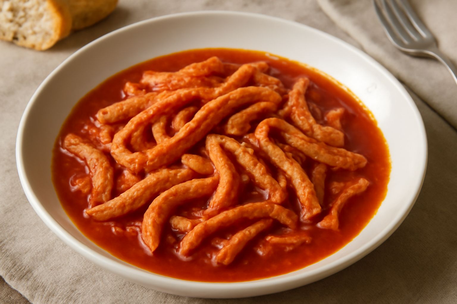 Trippa alla molisana in un piatto fondo di ceramica bianca, trippa rosa pálido in sugo di pomodoro rosso intenso, guarnita con prezzemolo fresco verde, contorno di pane tostato ai bordi