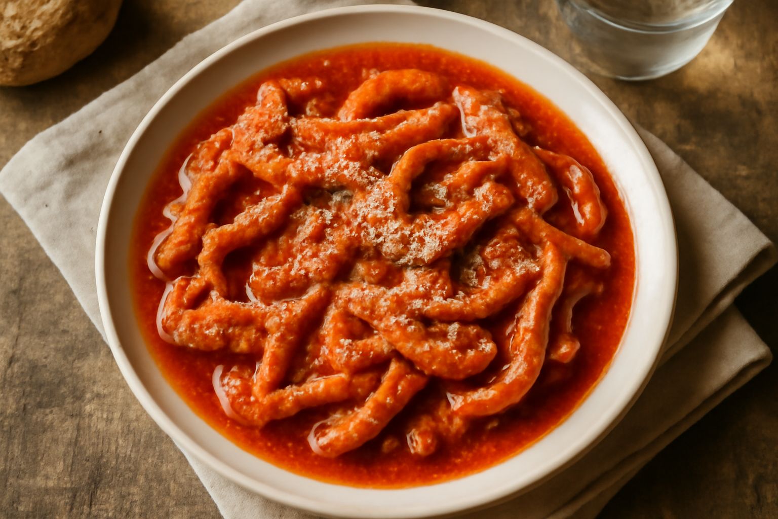Trippa alla napoletana in un piatto bianco, tagliata in strisce sottili, ricoperta di sugo rosso denso al pomodoro, cosparsa di pecorino grattugiato bianco e peperoncino rosso, con contorno di salsa v