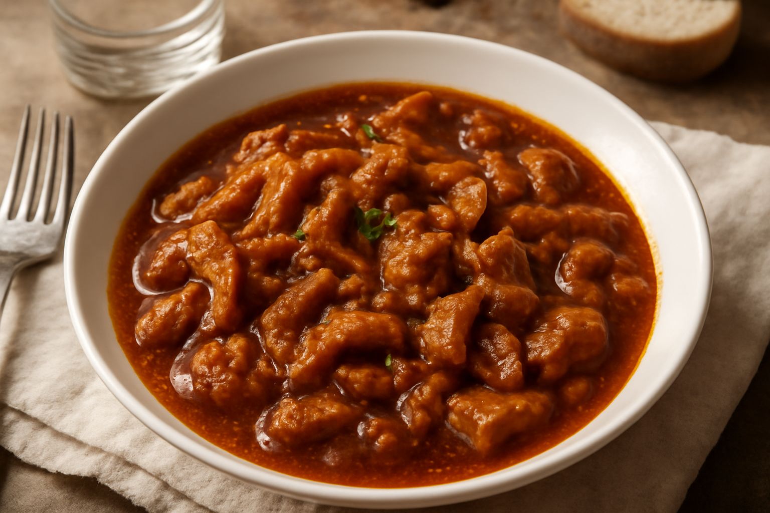 Trippa in umido di colore marrone scuro con brodo rosato, cipolla trasparente e pomodoro visibile, servita in ciotola di ceramica bianca, vapore appena visibile, contorno sfocato di pane integrale.
