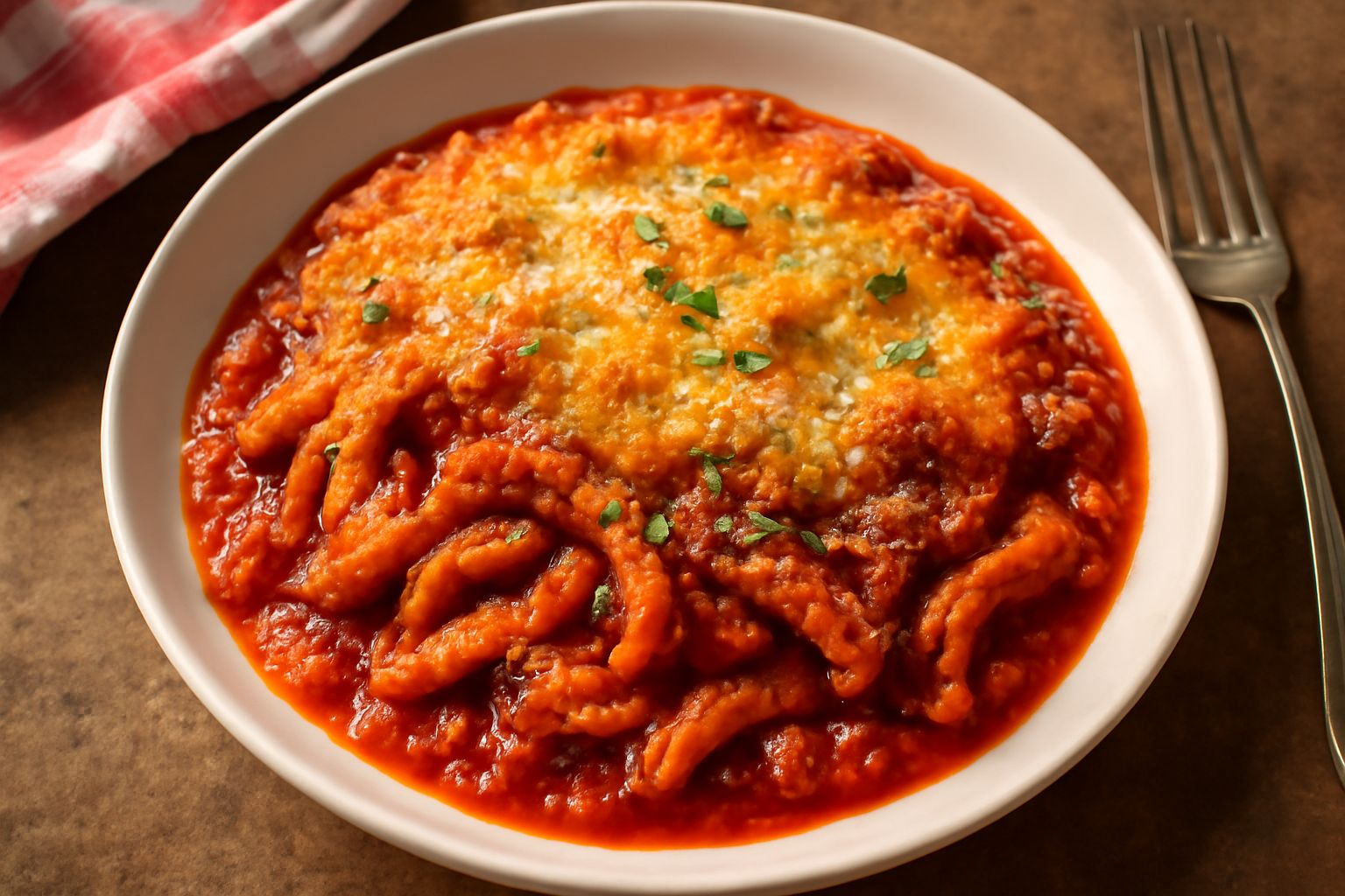 Trippa alla parmigiana in piatto bianco, striature dorate di parmigiano gratinato in superficie, sugo rosso di pomodoro visibile tra le strisce di trippa, contorno di prezzemolo fresco tritato sul bor