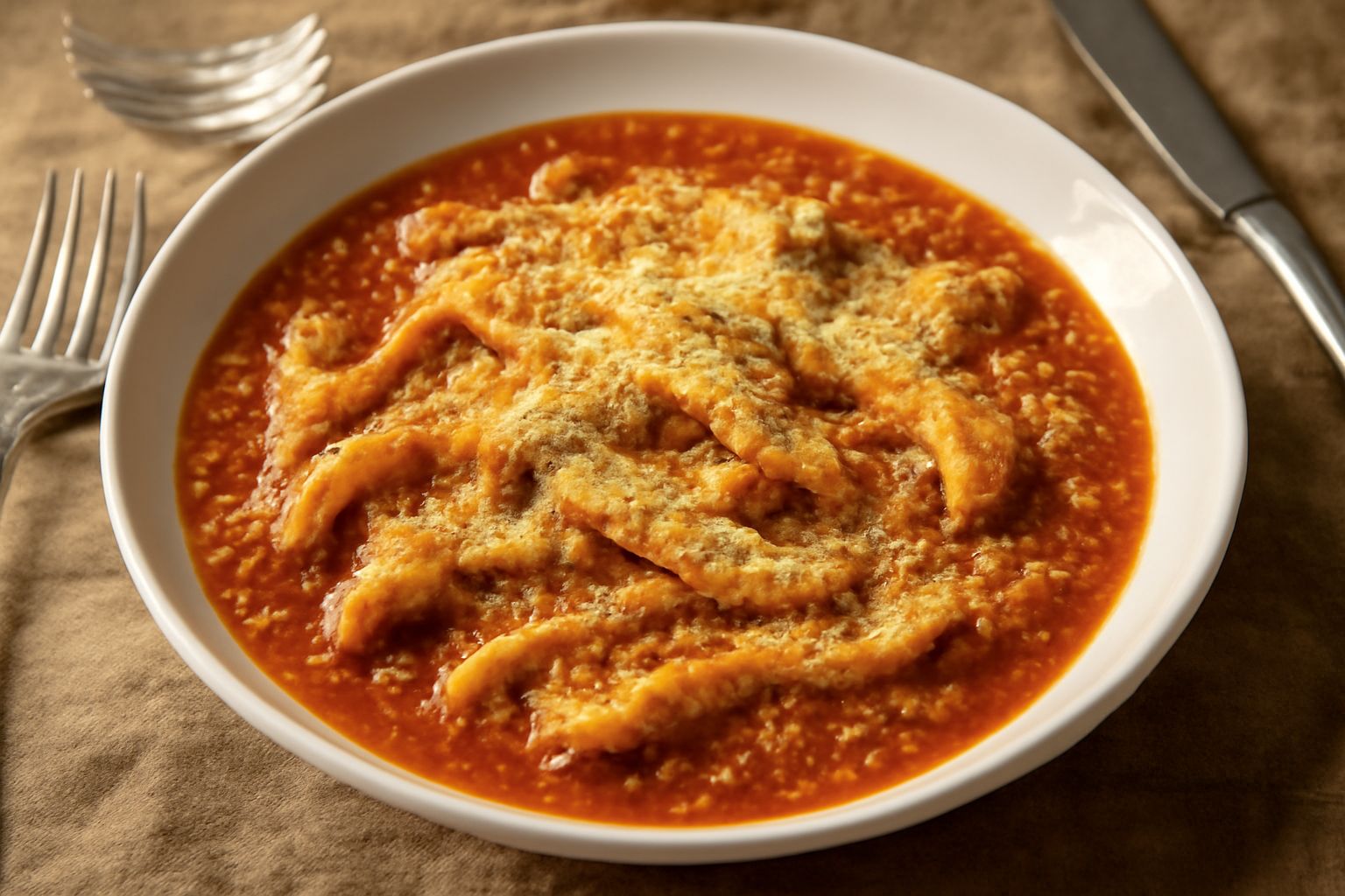 Trippa alla pavese servita in piatto fondo bianco, tagliata a strisce e condita con sugo di pomodoro rosso acceso, cosparsa di formaggio grattugiato giallognolo, con contorno di polenta morbida color 