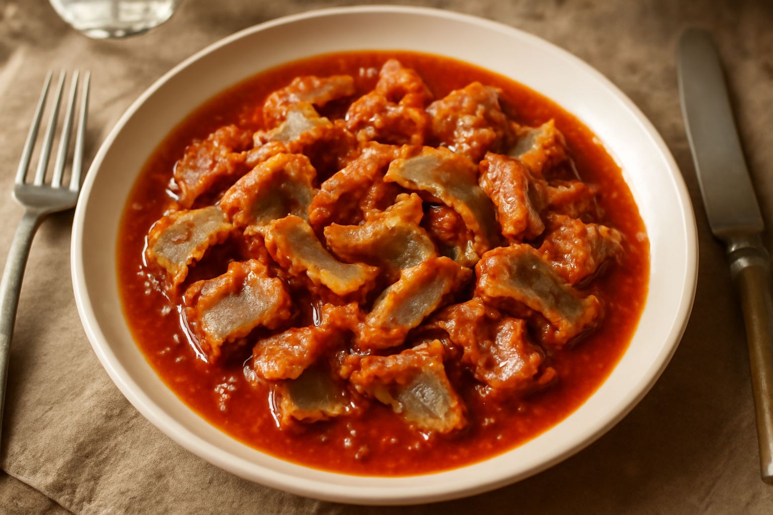 Trippa alla pescarese in piatto bianco, pezzetti di trippa grigia e dorata immersi in sugo rosso intenso con pomodoro, guarnita con prezzemolo fresco, aglio sbiadito tra i pezzetti, accompagnata da pa